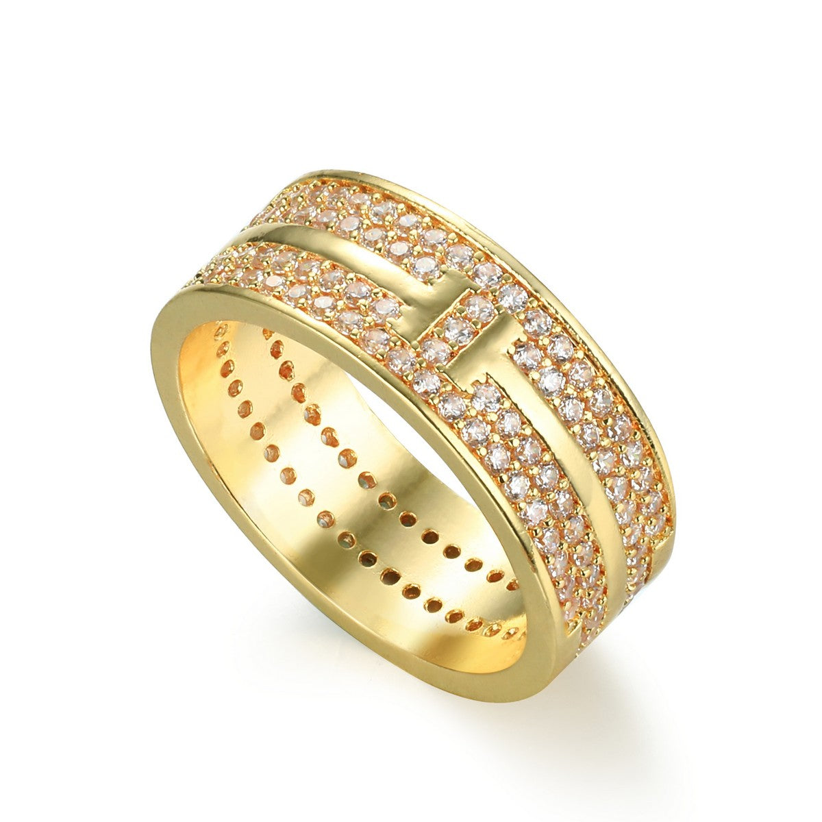 Gold Plated Wide Band Ring with Diamantes YV21018YGD