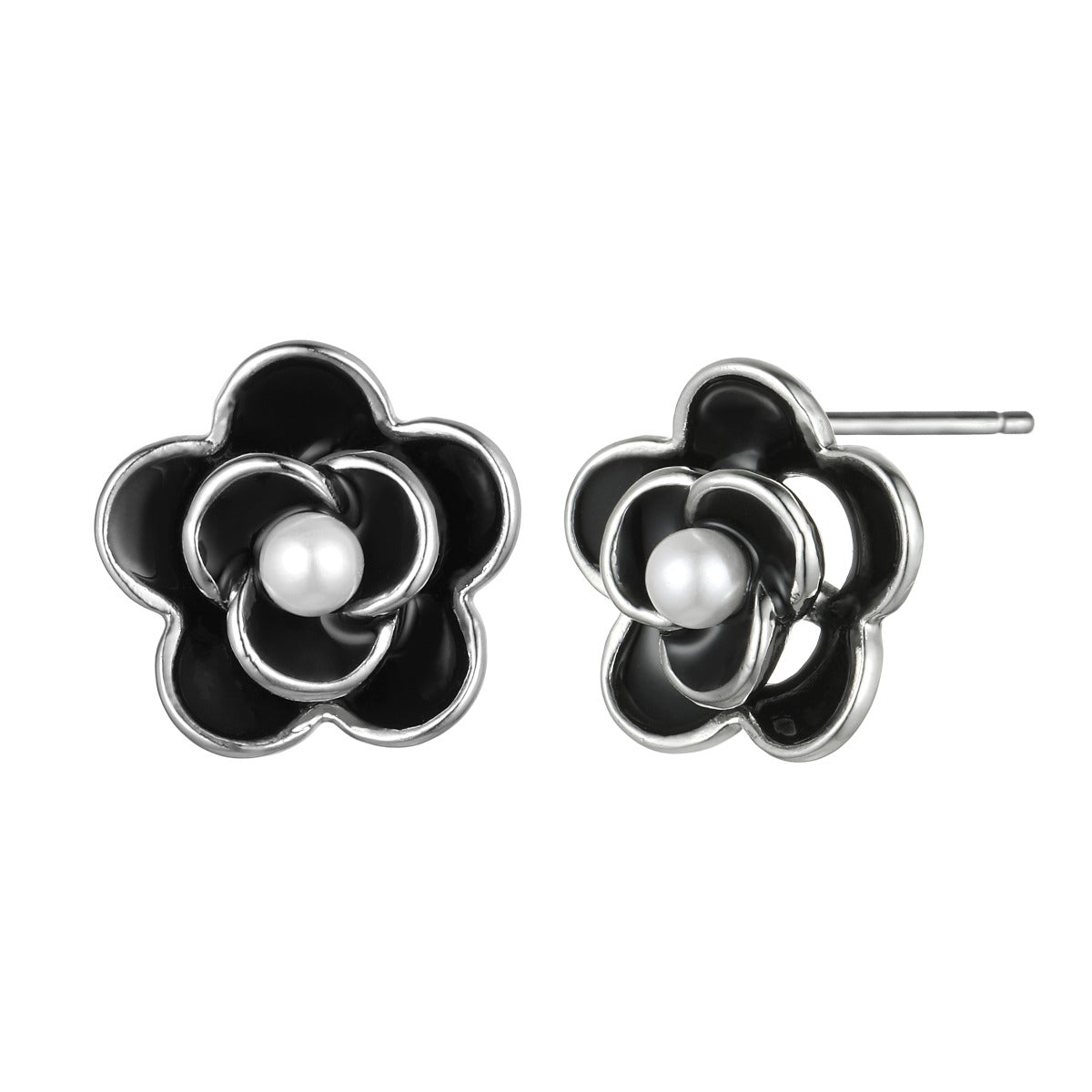 Silver Small Camellia Earrings with Pearl Centre YX12005SLR