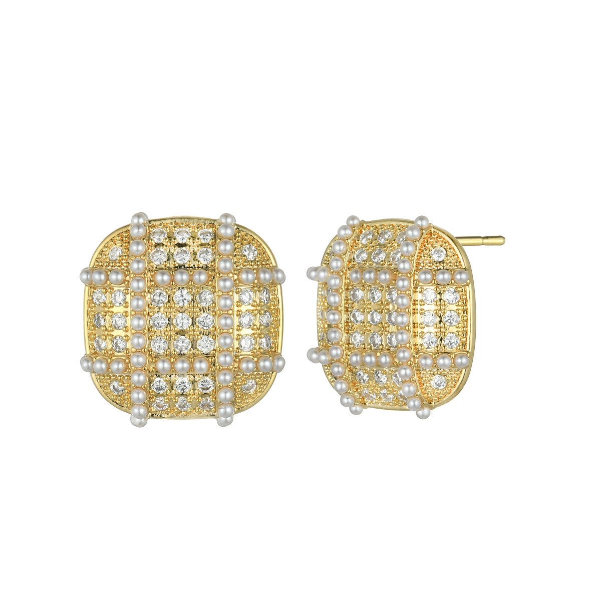 Gold Plated Round-Square Earrings with Diamantes and Mini-Pearls YX12013YGD