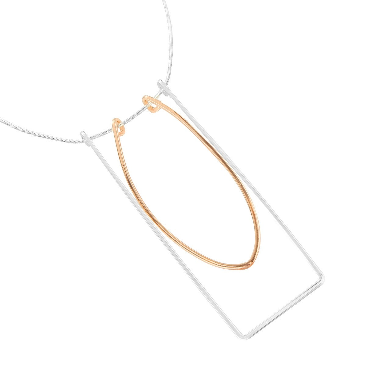 Rectangle Oblong Geometric Long Necklace - Silver-Rose Gold (YZ28006RGD)