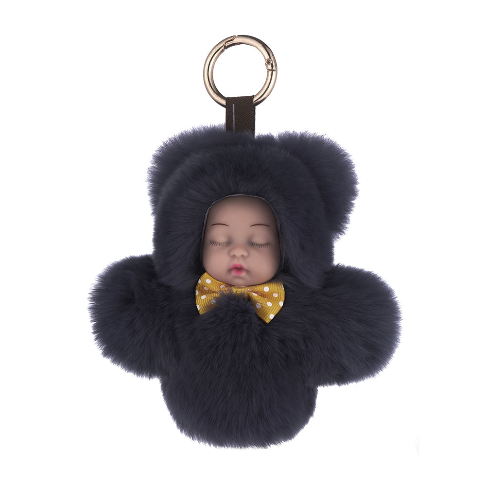Real Fur Sleeping Doll Keychain - Charcoal (KD2701DG)