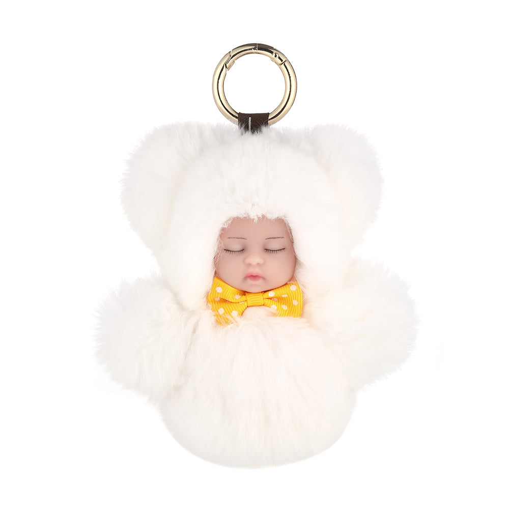 Real Fur Sleeping Doll Keychain - White (KD2701WT )