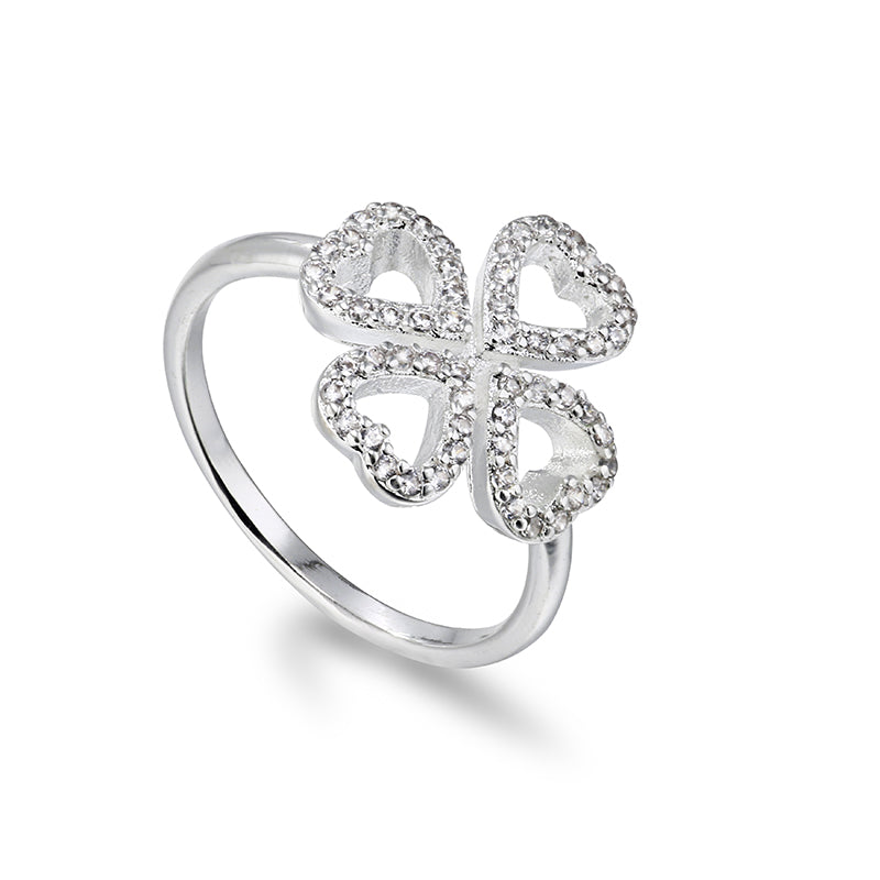 Four Hearts Clover Diamante Ring - Silver