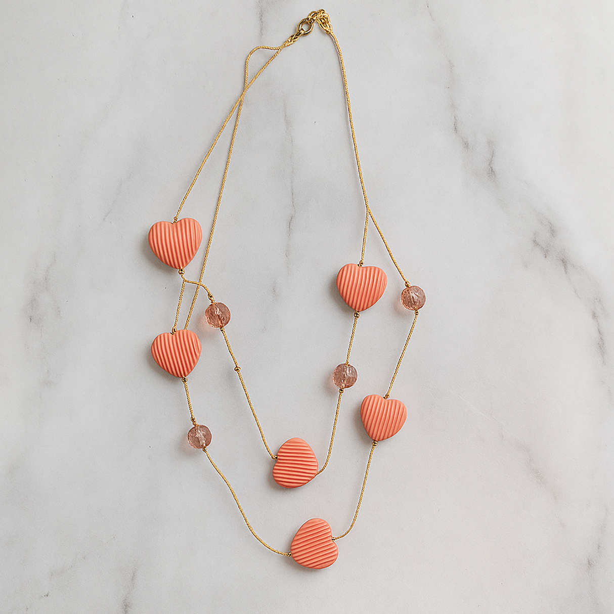 Double Layer Heart Pendant Necklace with Beads – Gold Chain