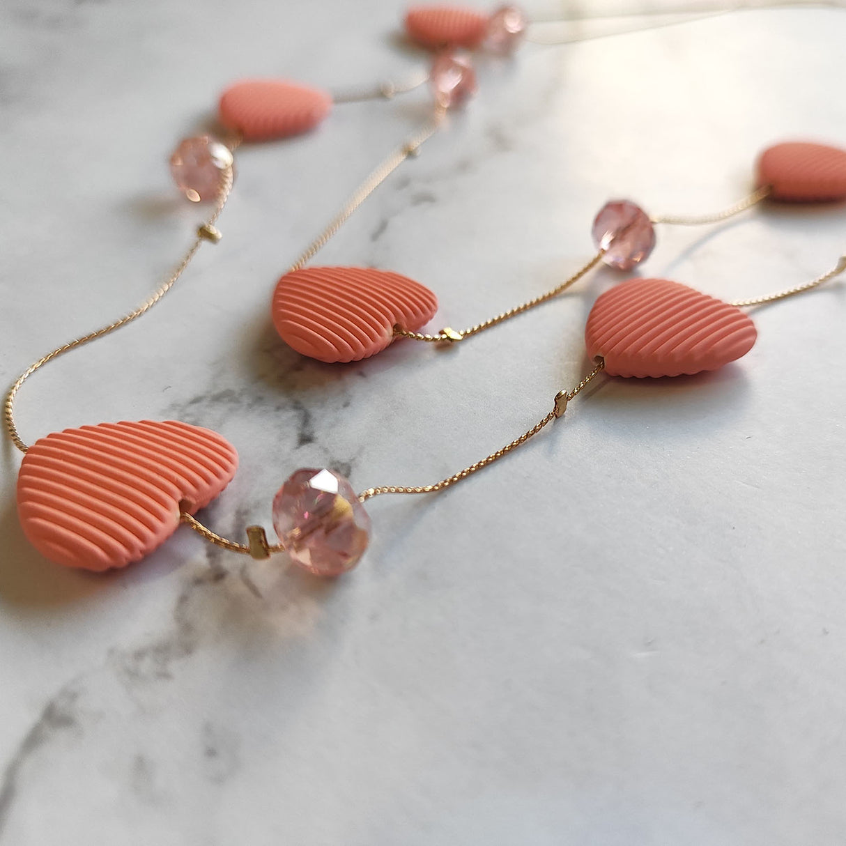 Double Layer Heart Pendant Necklace with Beads – Gold Chain