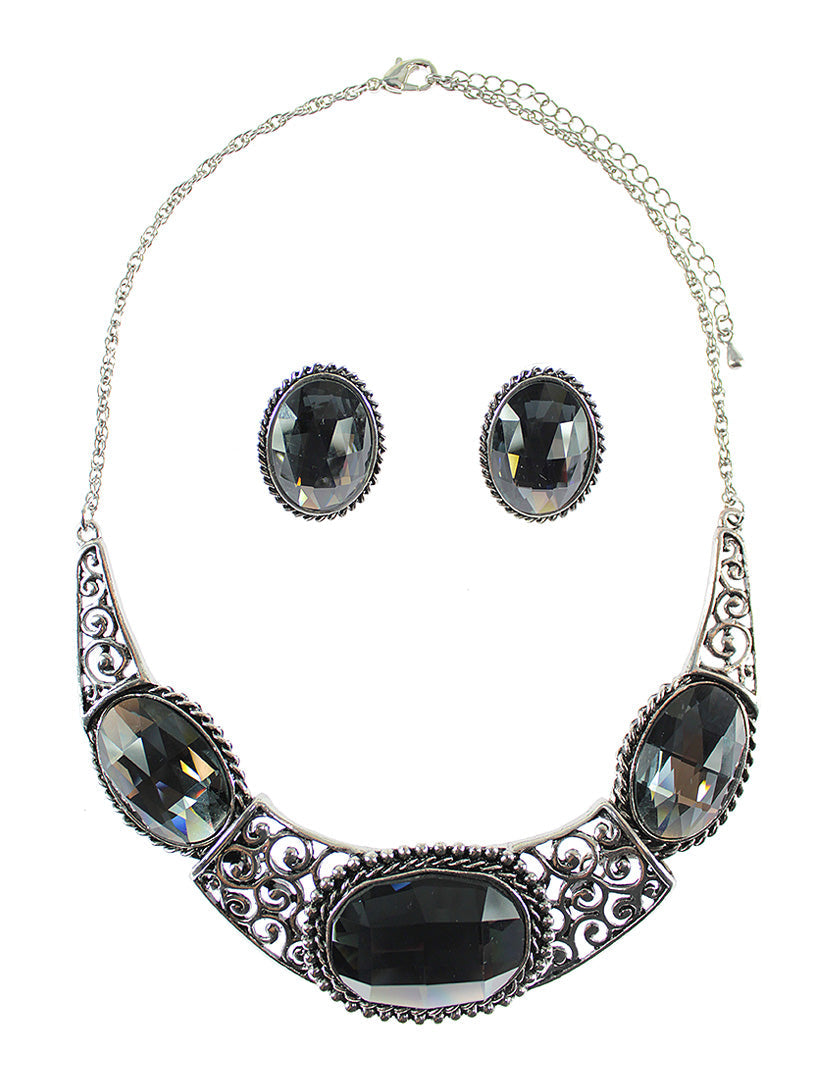 Vintage Large Oval Stone Collar Necklace Set - Grey (YK1406047GY)