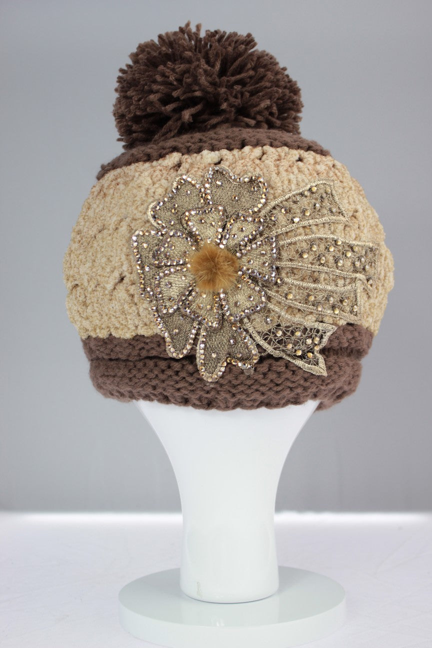 Diamante Patterned Pom Pom Hat - Brown