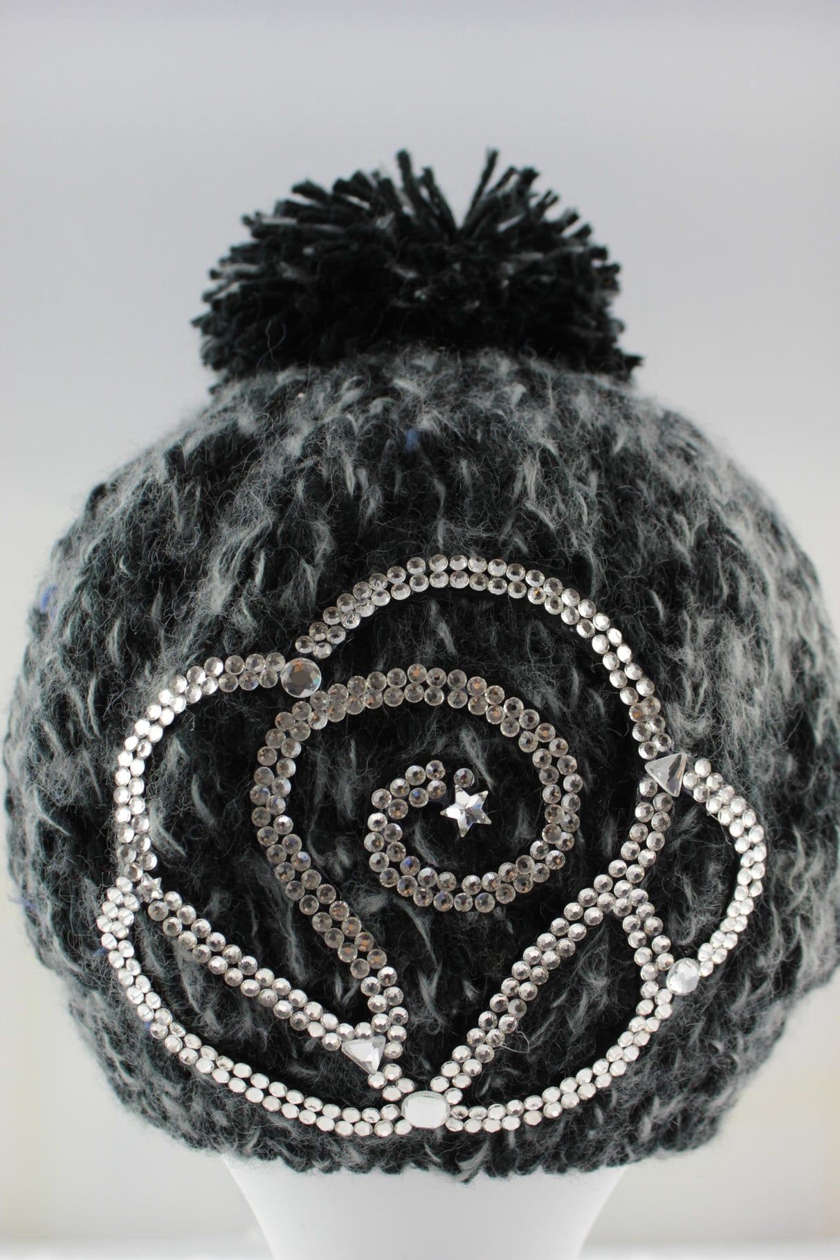 Rose Silhouette Diamante Pom Pom Hat - Black