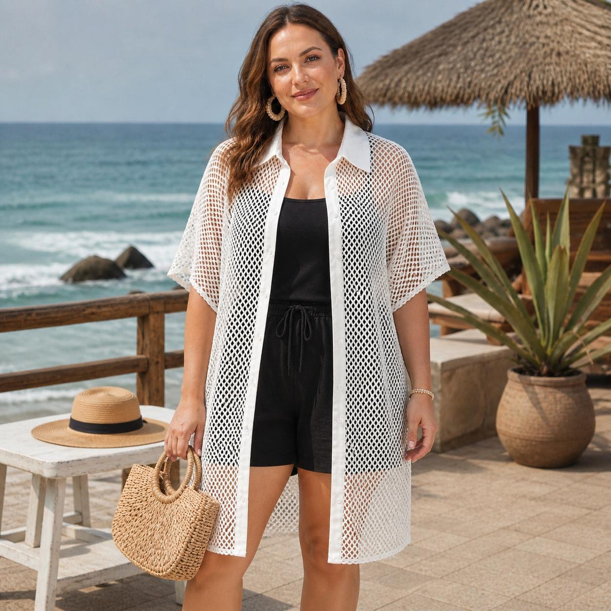 Ladies Summer Mesh Cover Up Shirt Breathable Beach Shirt ONESIZE 10-24