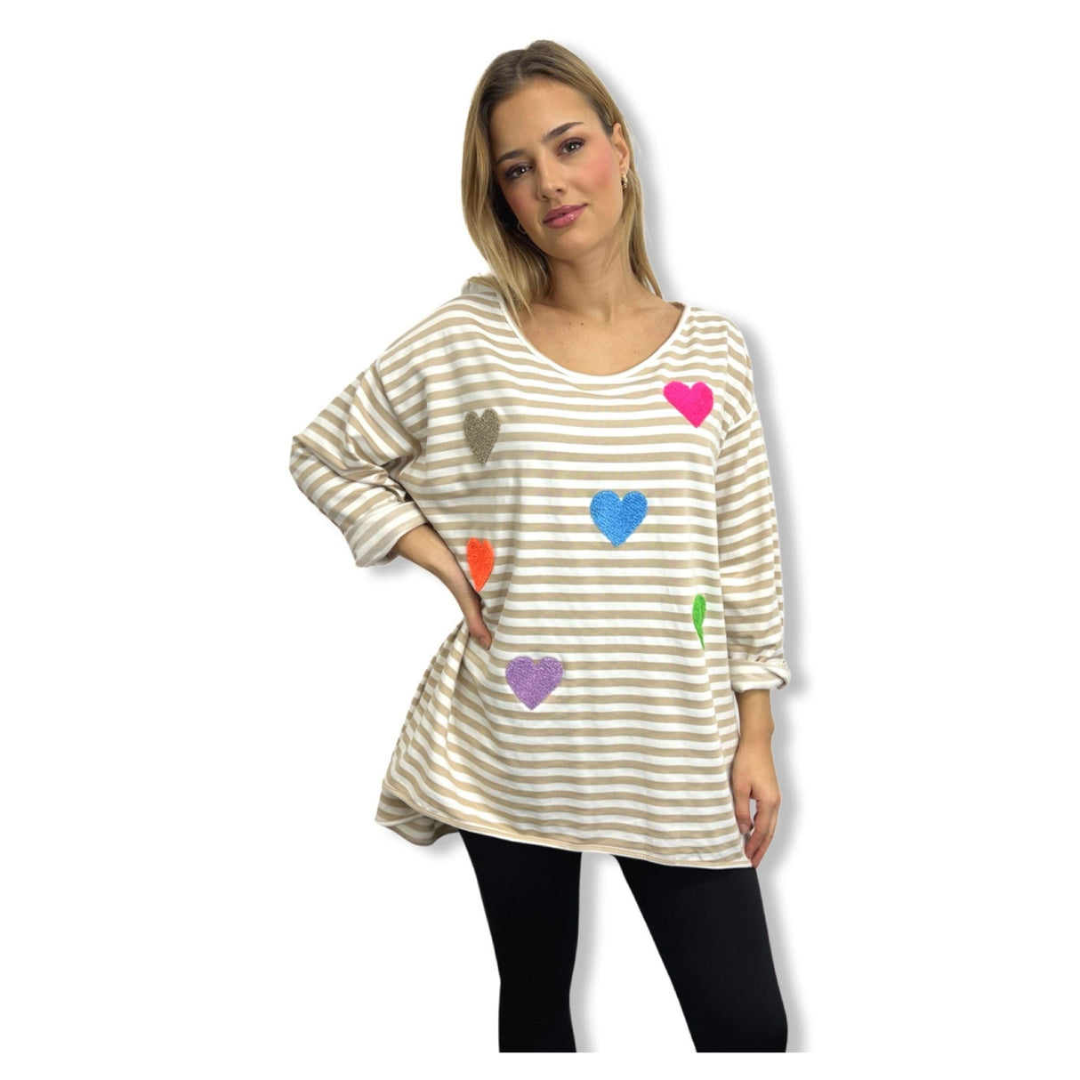 OVERSIZED STRIP 3/4 length multi hearts sweatshirts 100% cotton, plus size 10-24