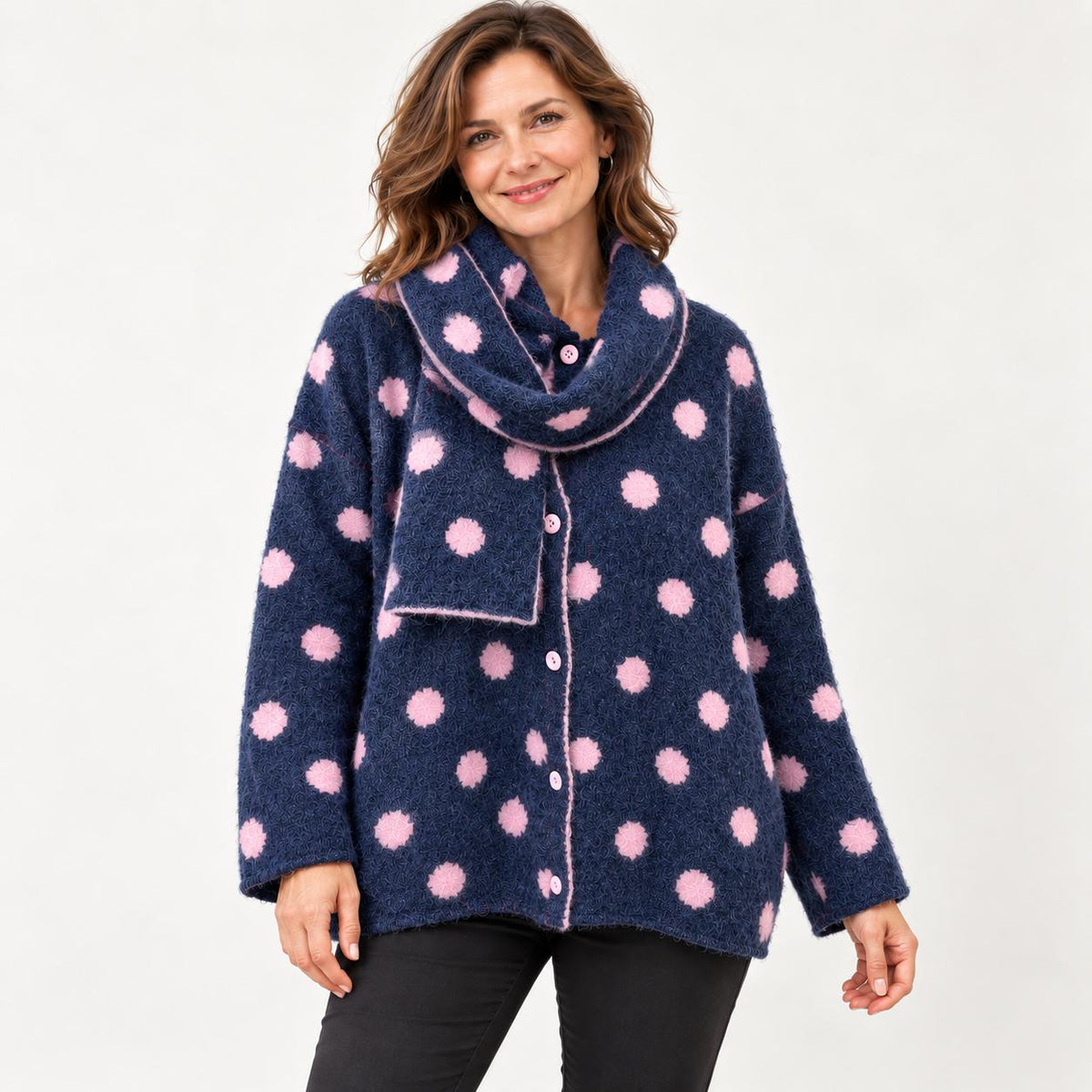 Oversized Polka Dot Knit Jumper & Reversible Scarf 2 Piece Set