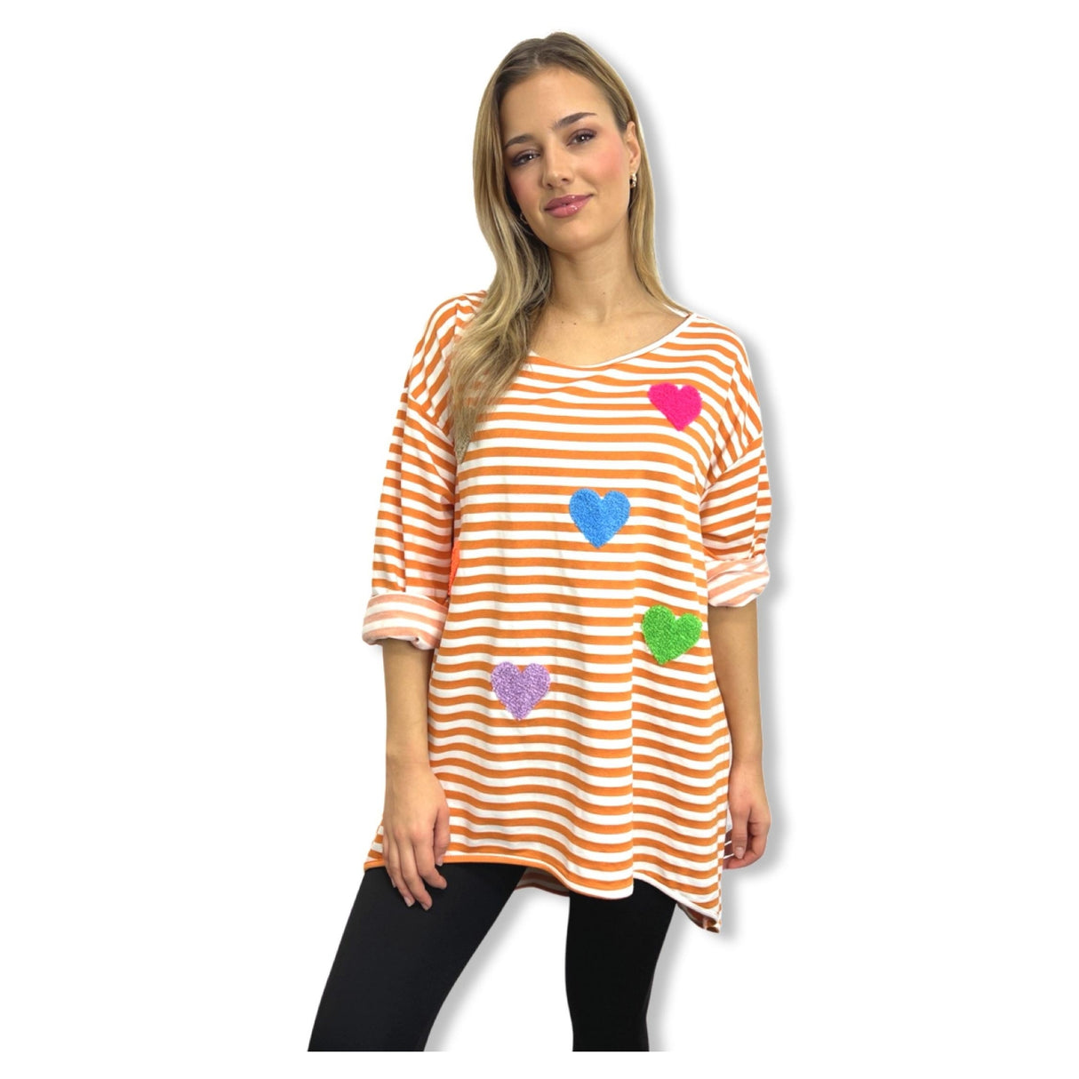 OVERSIZED STRIP 3/4 length multi hearts sweatshirts 100% cotton, plus size 10-24