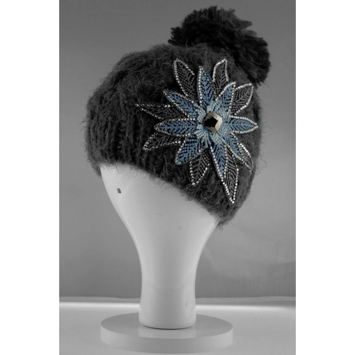 Embellished Textured Bloom Flower Pom Pom Hat - Black