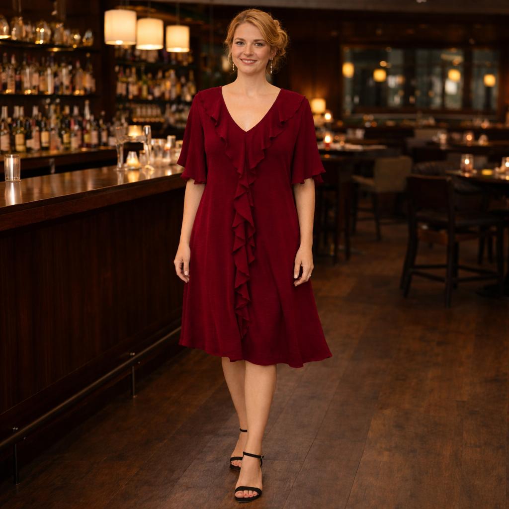 RUFFLE MIDI DRESS V-NECK BUTTERFLY RUFFLE HEM ONE SIZE 12-22 Fits All
