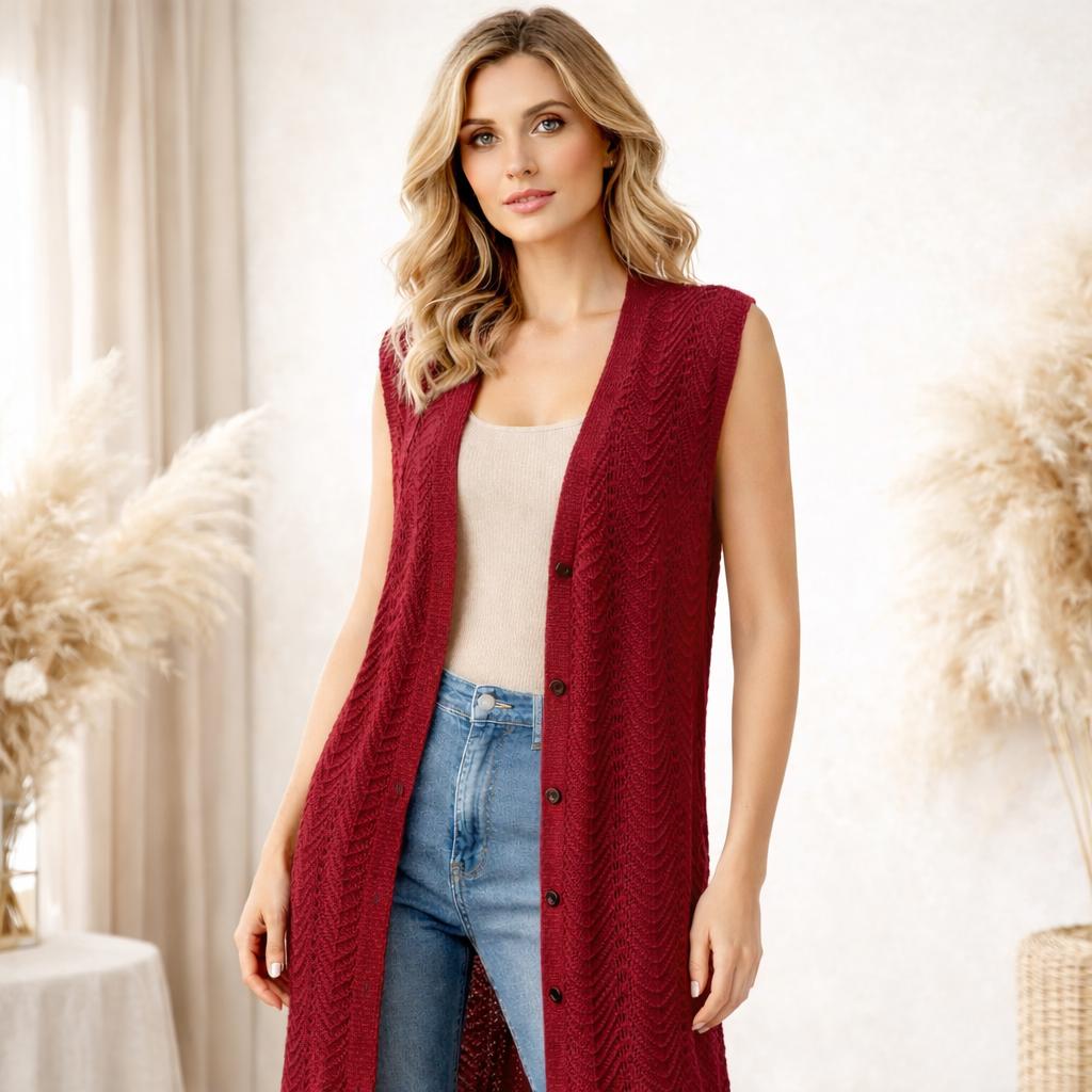 LONG SLEEVELESS CROCHET OPEN KNIT CARDIGAN One Size Fits All 10-22