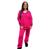 Cozy Knitted Set with Contrast Trim and Super Stretchy Straight Leg Pants - Onesize Fits All