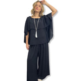 CAPE BUTTERFLY FLATTERING TOP WITH ELASTIC HIGH WAIST WIDE LEG PANTS CO-ORD SET LADIES SETS PLUS SIZE