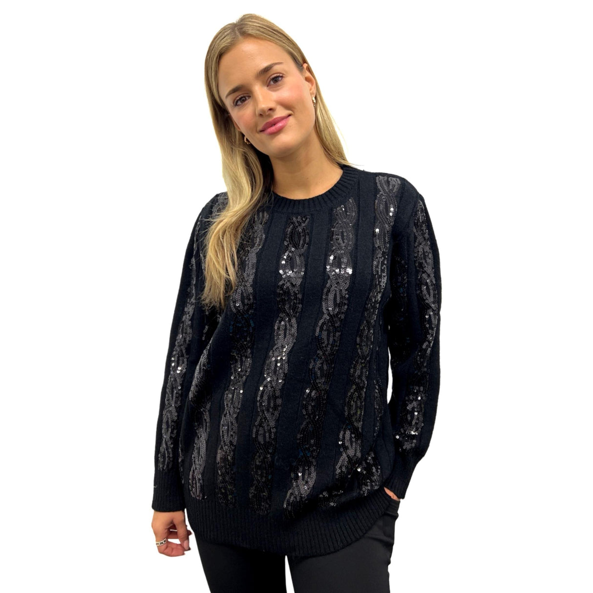 SPARKLING SEQUINS CABLE KNITTED PATTERN SUPER SOFT SUPER STRETCHY WOOL BLENDED JUMPER