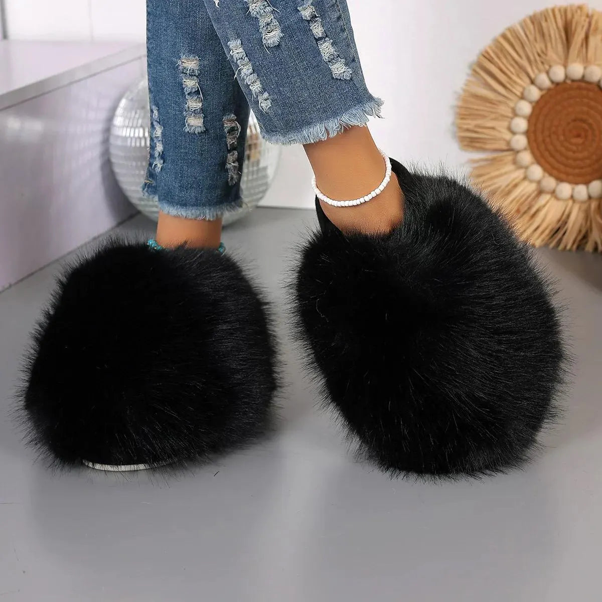 Ladies Faux Fur Pom Pom Slippers Super Soft Cushion Insole Non-shedding Best Durable Eva Anti-Slippery Sole UK Size 3-8