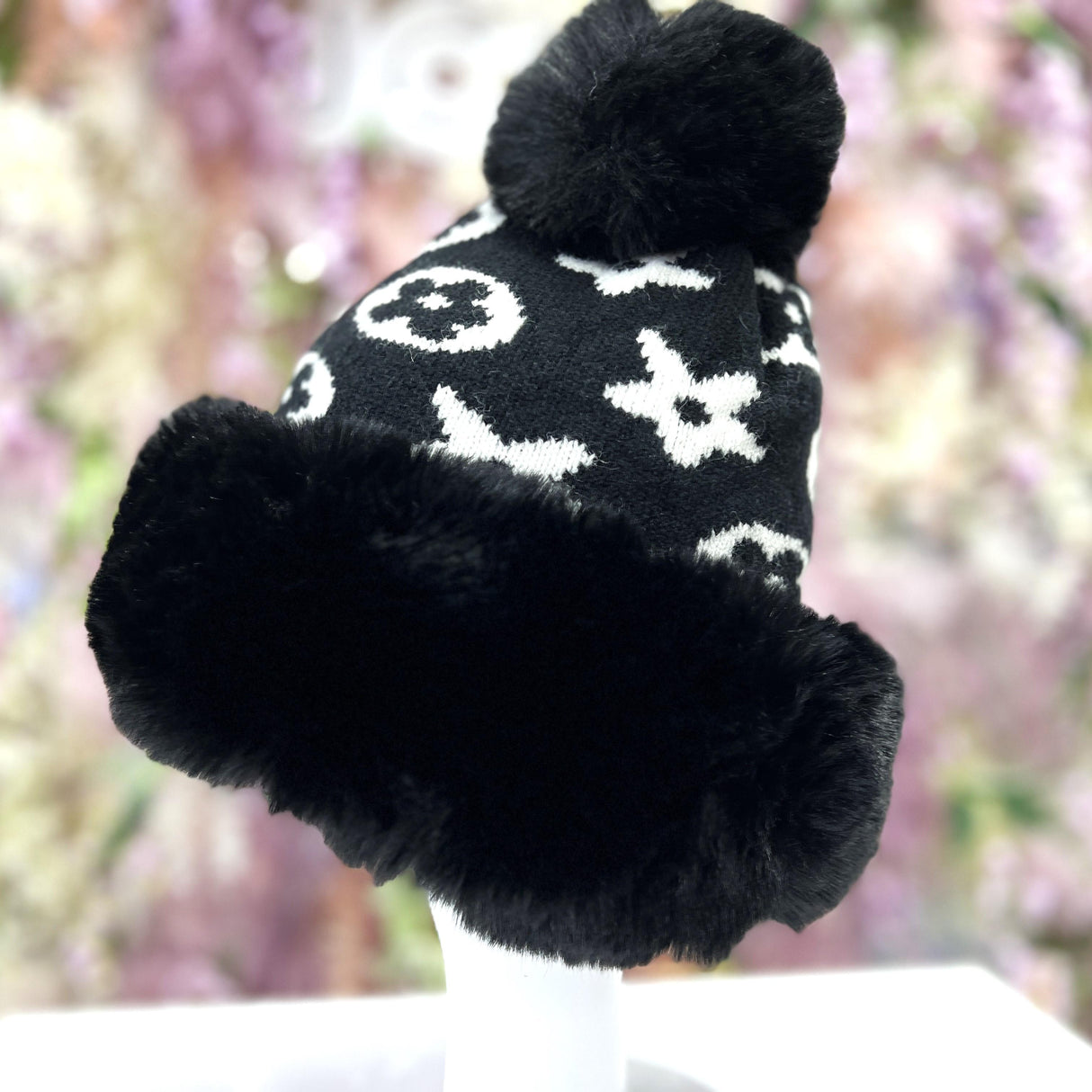 Patterened Faux Fur Winter Pom Pom Hat SUPER SOFT SUPER COZY