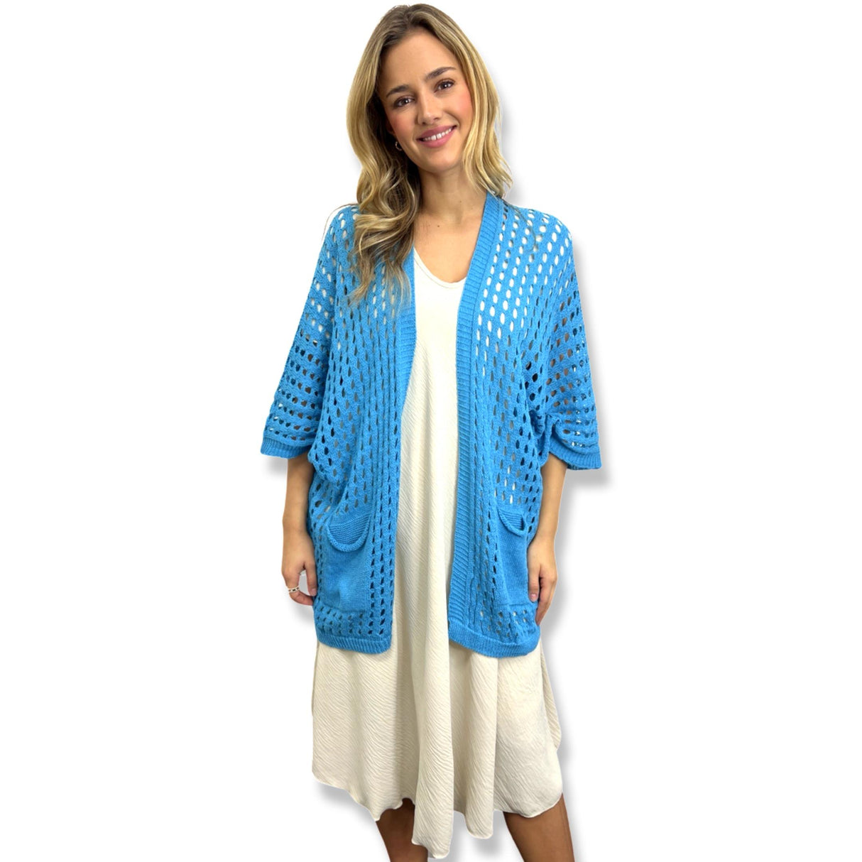 CROCHET CARDIGAN OVER HIP WITH 2 FRONT POCKETS 100% COTTON