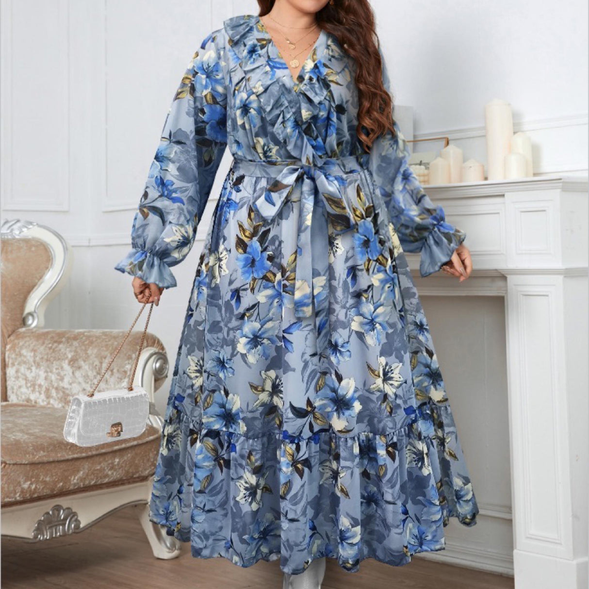 Ladies Long Dress Chiffon Ruffle Long Dress With Large Flowers Contrast Pattern Size Fits 12-24 Plus Size