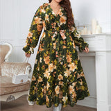 Ladies Long Dress Chiffon Ruffle Long Dress With Large Flowers Contrast Pattern Size Fits 12-24 Plus Size