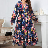 Ladies Long Dress Chiffon Ruffle Long Dress With Large Flowers Contrast Pattern Size Fits 12-24 Plus Size