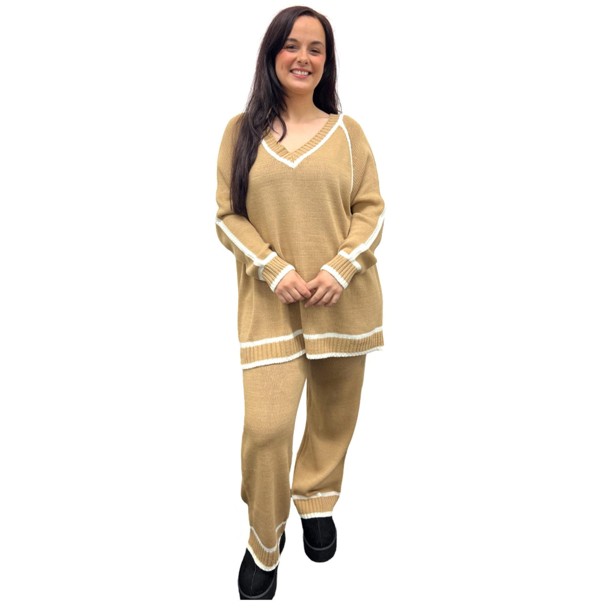 Cozy Knitted Set with Contrast Trim and Super Stretchy Straight Leg Pants - Onesize Fits All