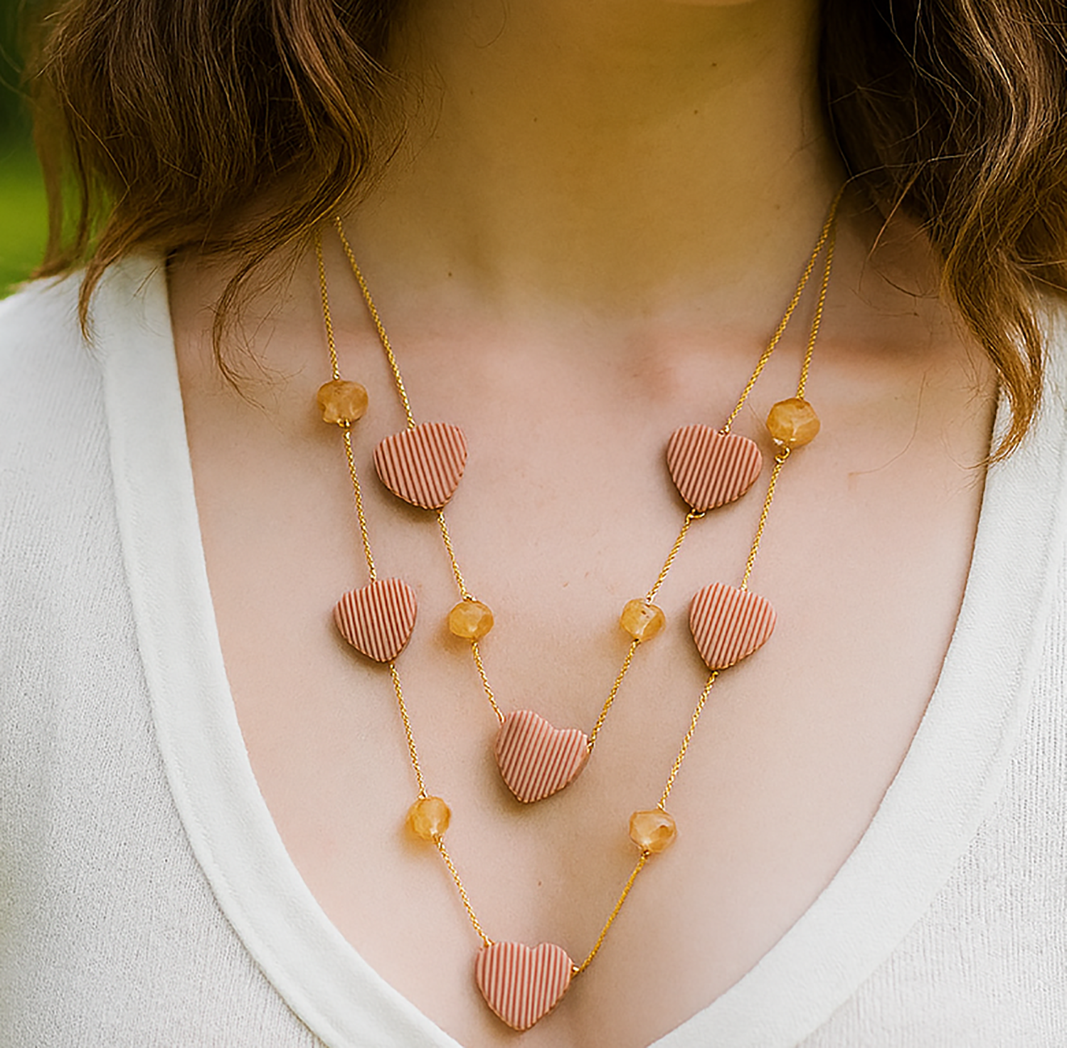 Double Layer Heart Pendant Necklace with Beads – Gold Chain