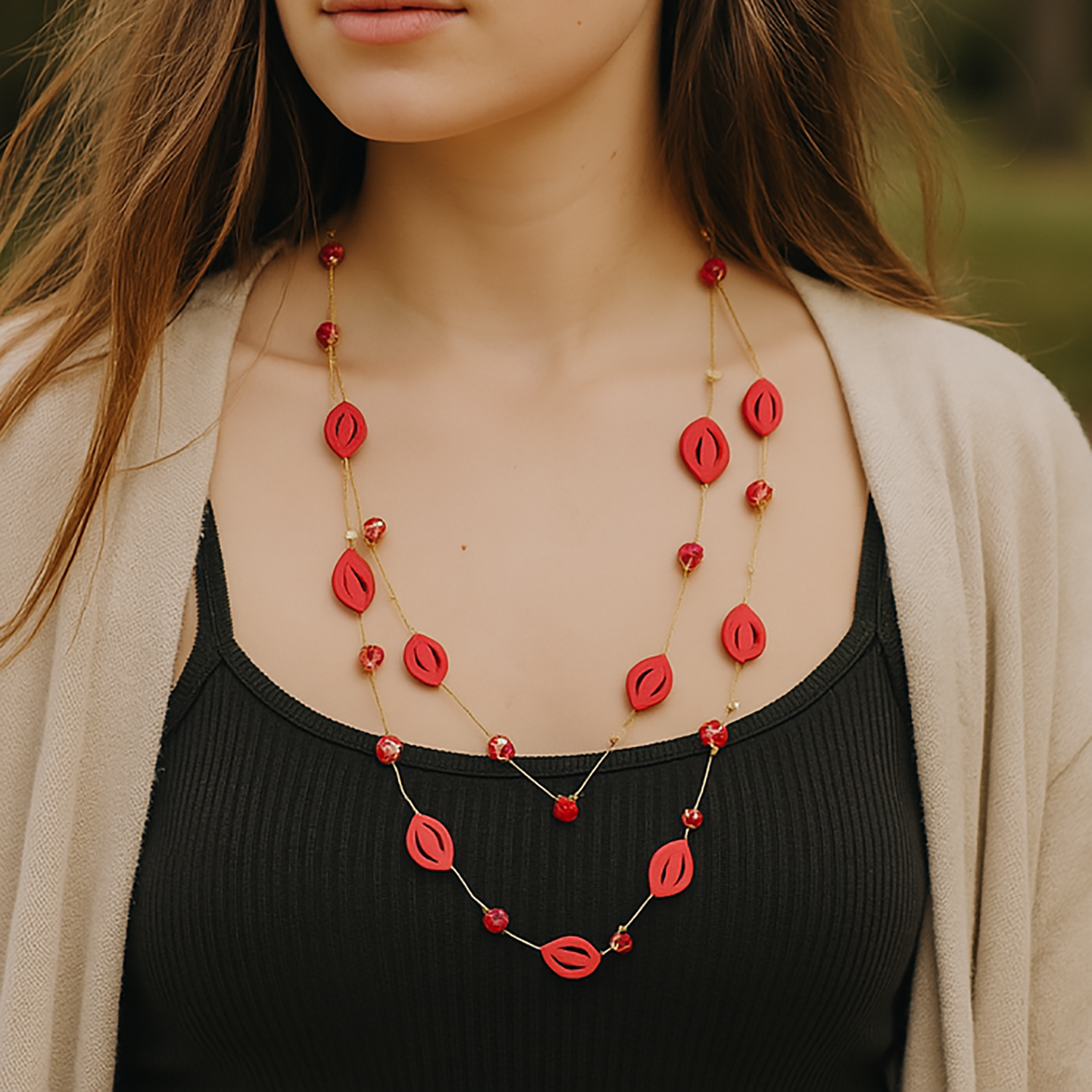 Crimson Petal Bead Double-Layer Necklace