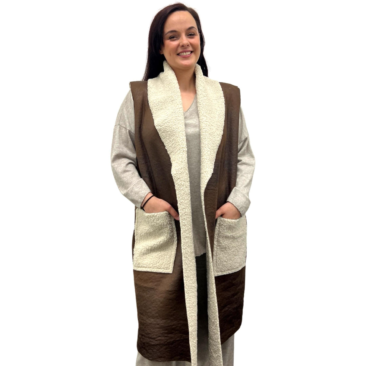 LONG WAISTCOAT SHEEPSKIN LEATHER EFFECT LADISE LONG WAISTCOAT BIG COLLAR STYLISH COSY AND WARM