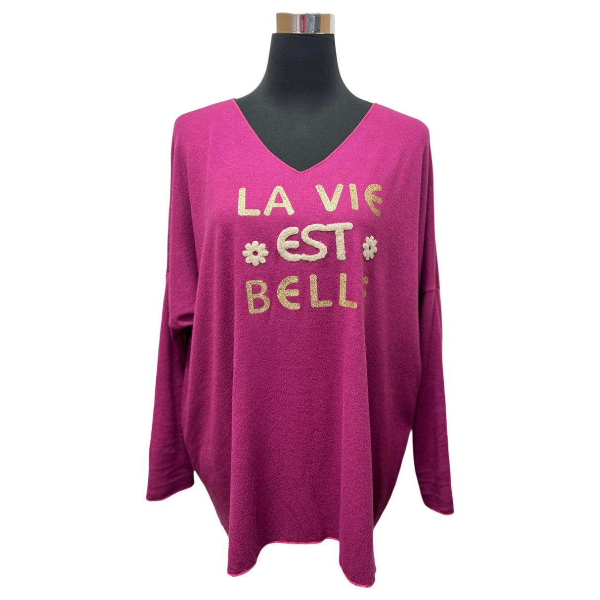 KNITTED TOP LA VIE SLOGAN BATWING SLEEVES COCOON SHAPE SUPER STRETCHY SOFT TOUCH KNITTED SWEATER