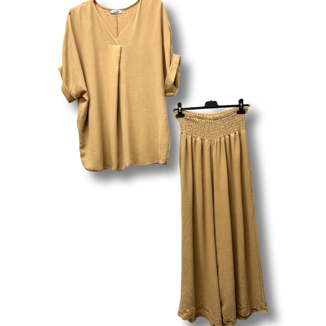 Beige Magic Lightweight V-neck Blouse & Trousers Set JC01BGE