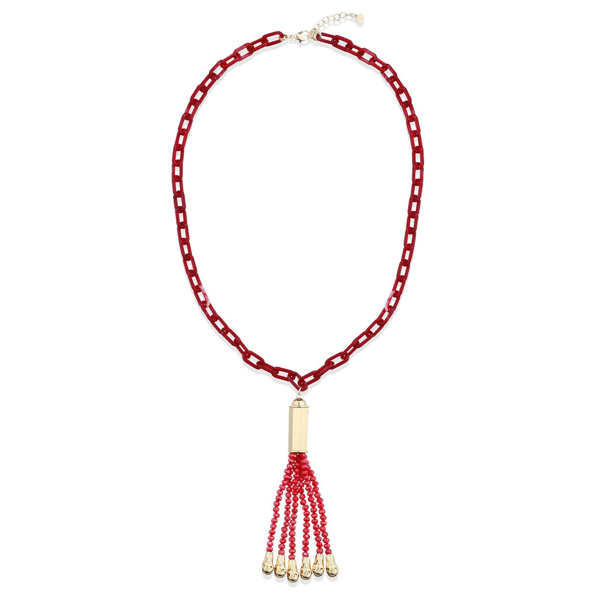 Chain Link Long Necklace with Beaded Tassel - Red YD22063RED