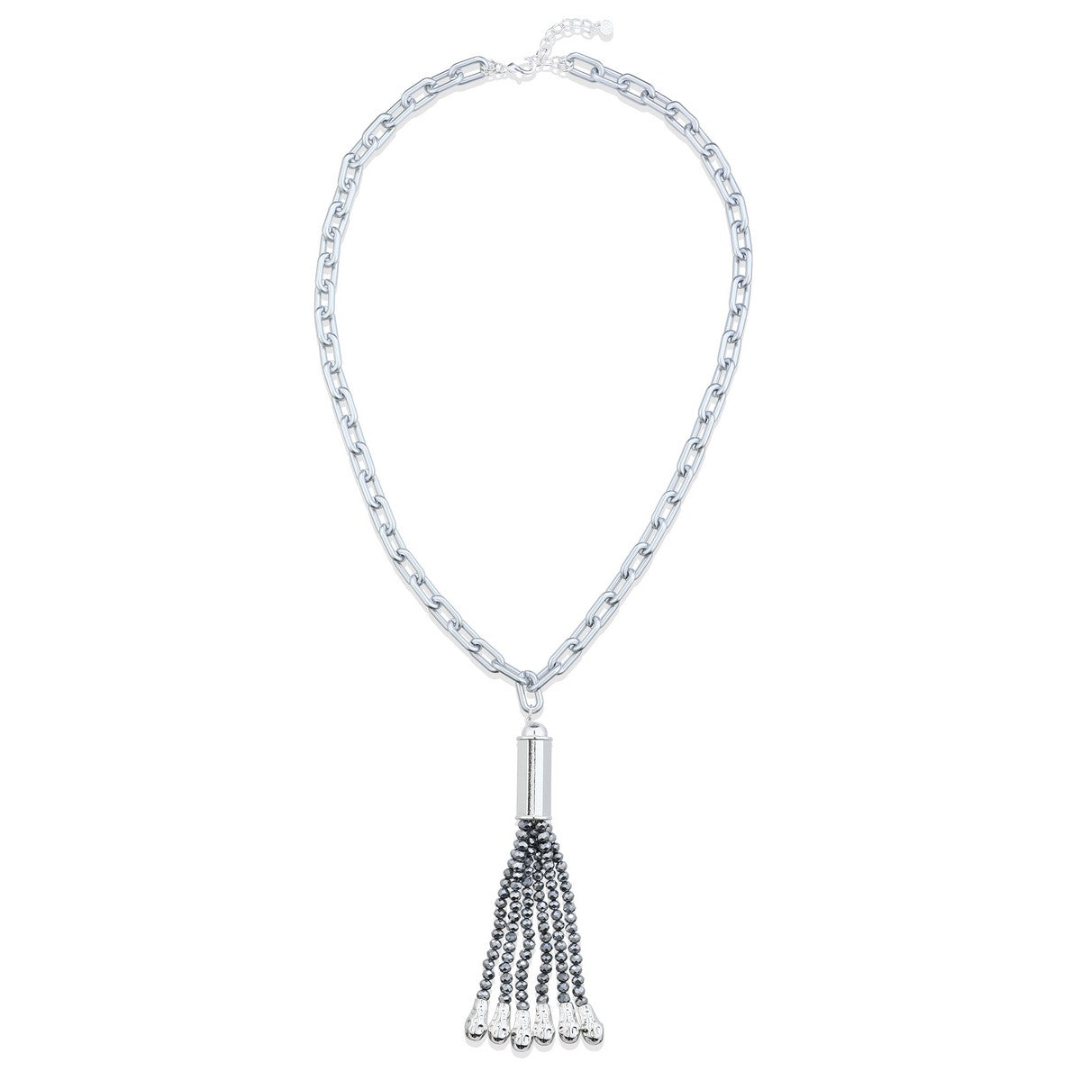 Chain Link Long Necklace with Beaded Tassel - Silver YD22063SLR