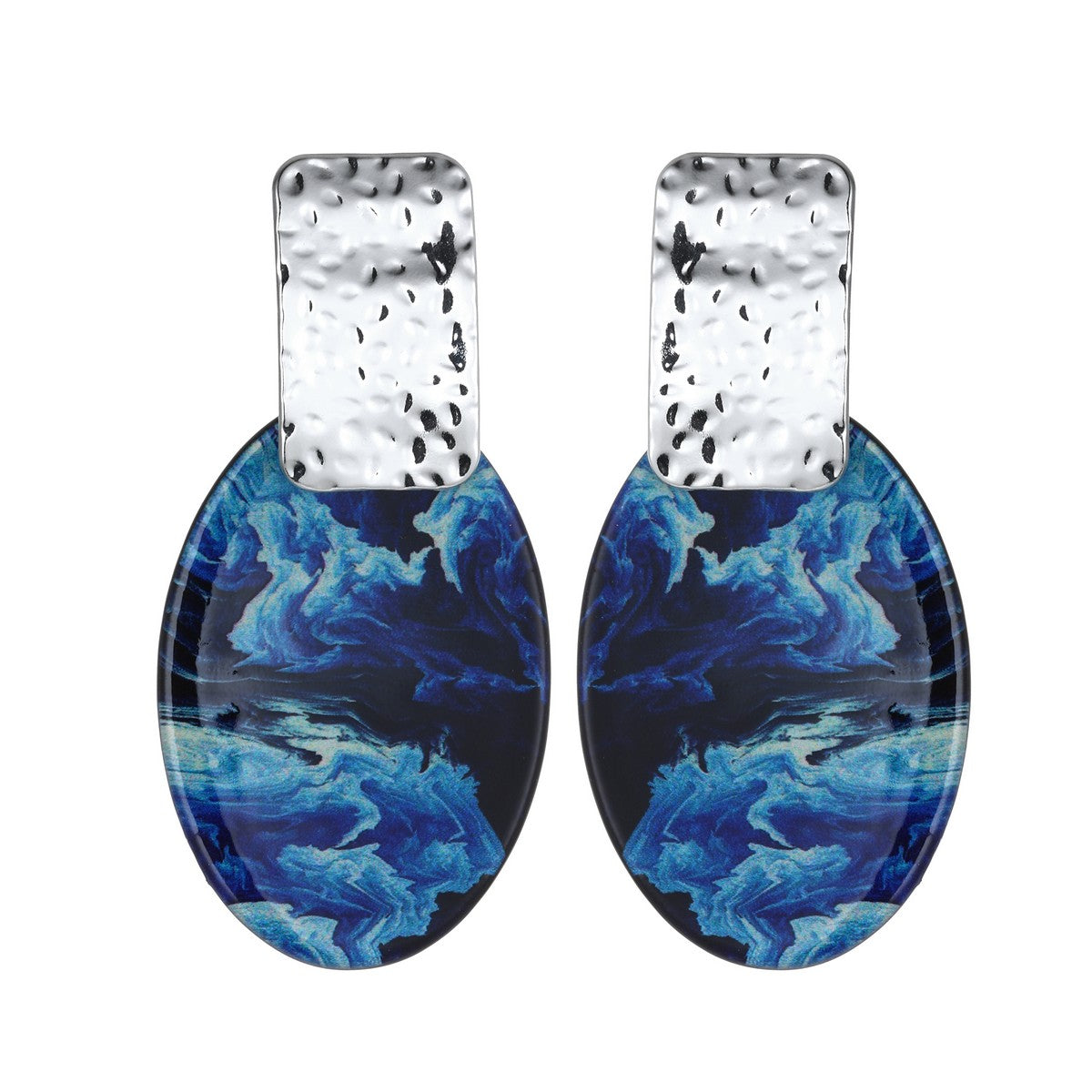 Oval Fashion Earrings with Blue Wave Pattern YD22849BLU