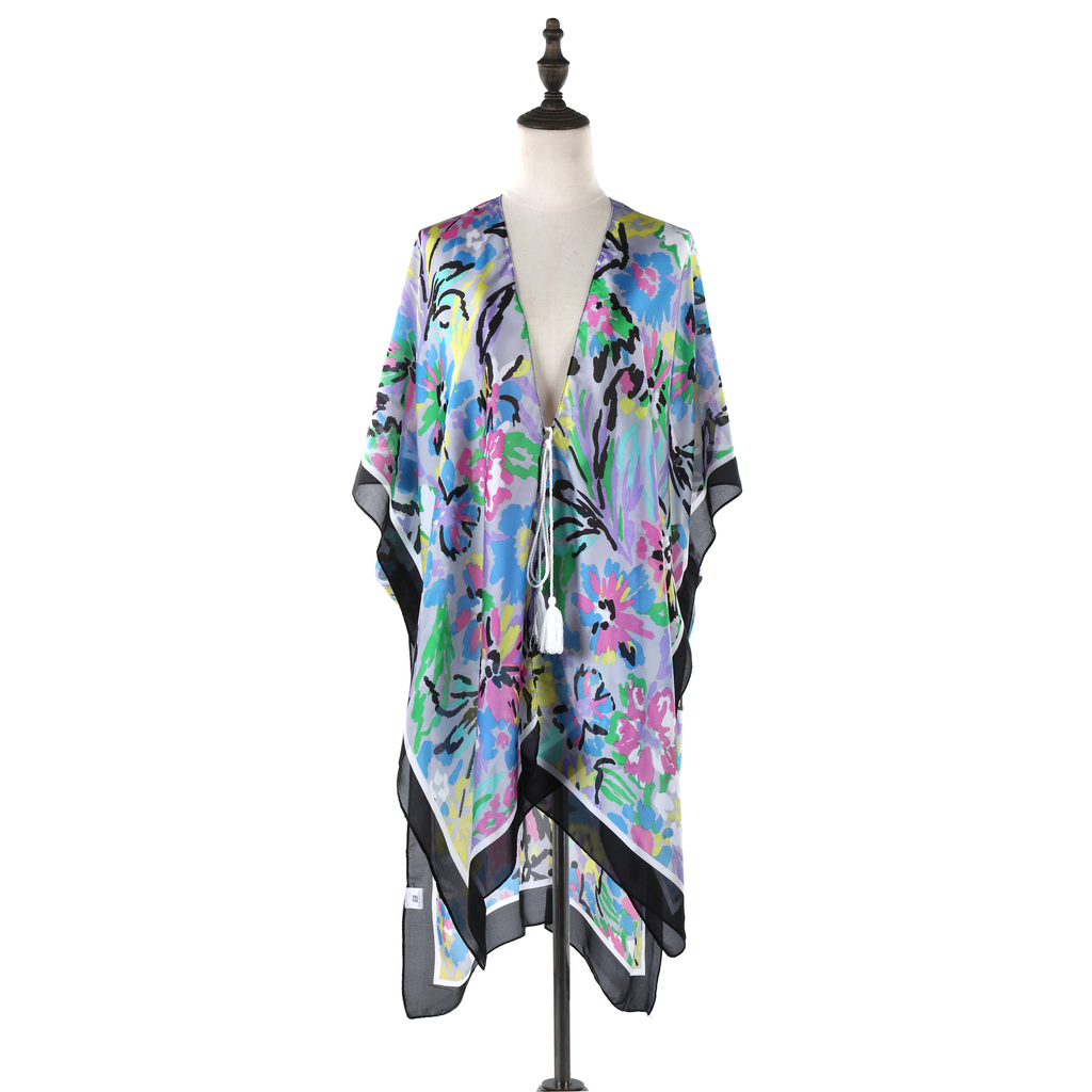 Abstract Floral Pattern Silk Kimono - Black JYF13007BLK