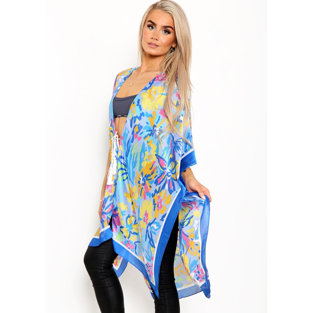 Abstract Floral Pattern Silk Kimono - Blue JYF13007BLU