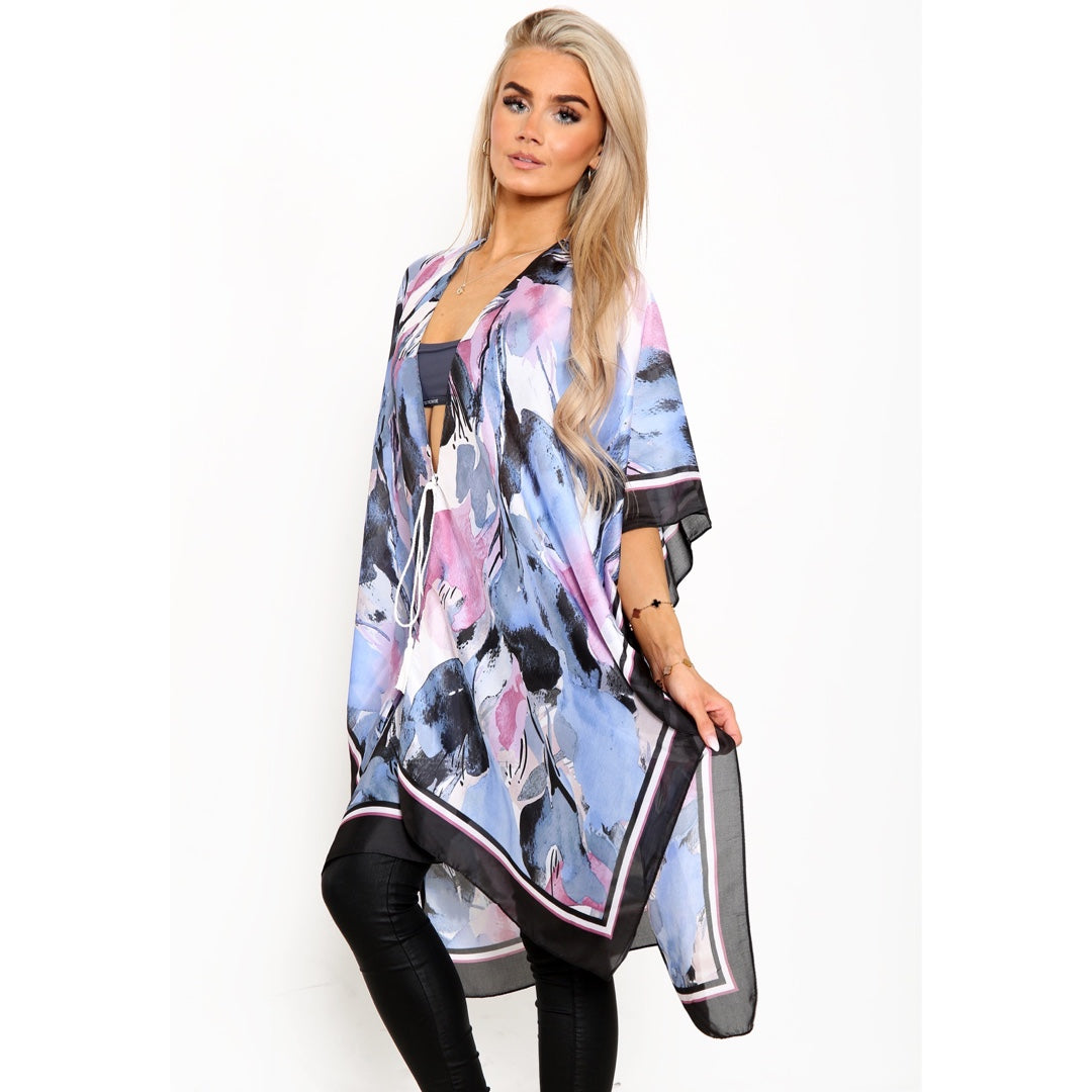 Watercolour Floral Kimono with Border - Black JYF13008BLK