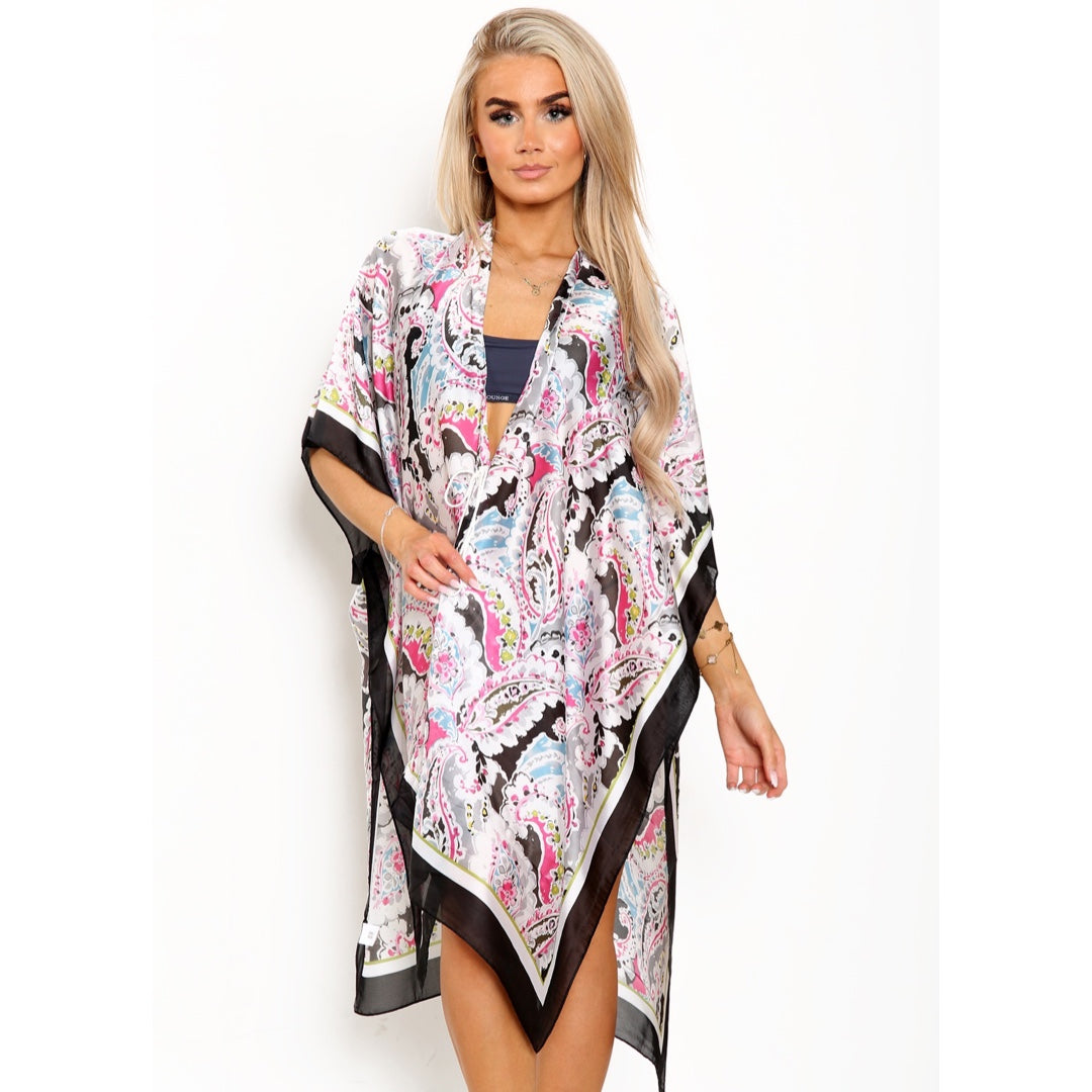 Vibrant Pattern Kimono with Border - Black JYF13009BLK