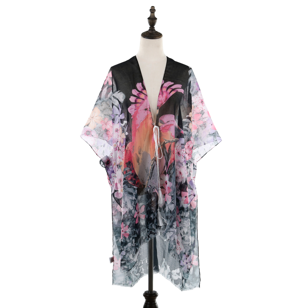 Summer Kimono with Pink Flowers - Black JYF13011BLK