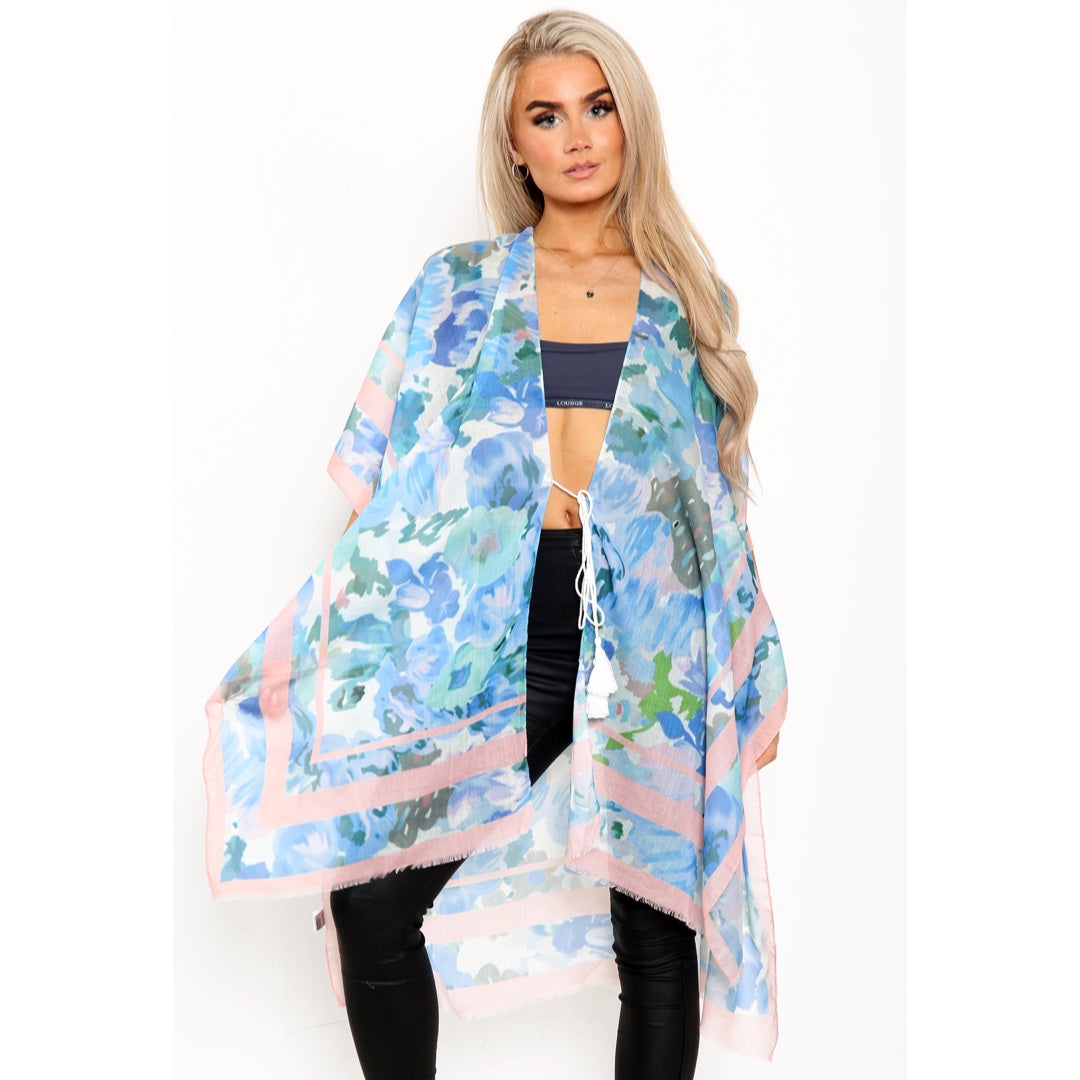 Bright Floral Print Kimono with Border - Blue JYF13016BLU