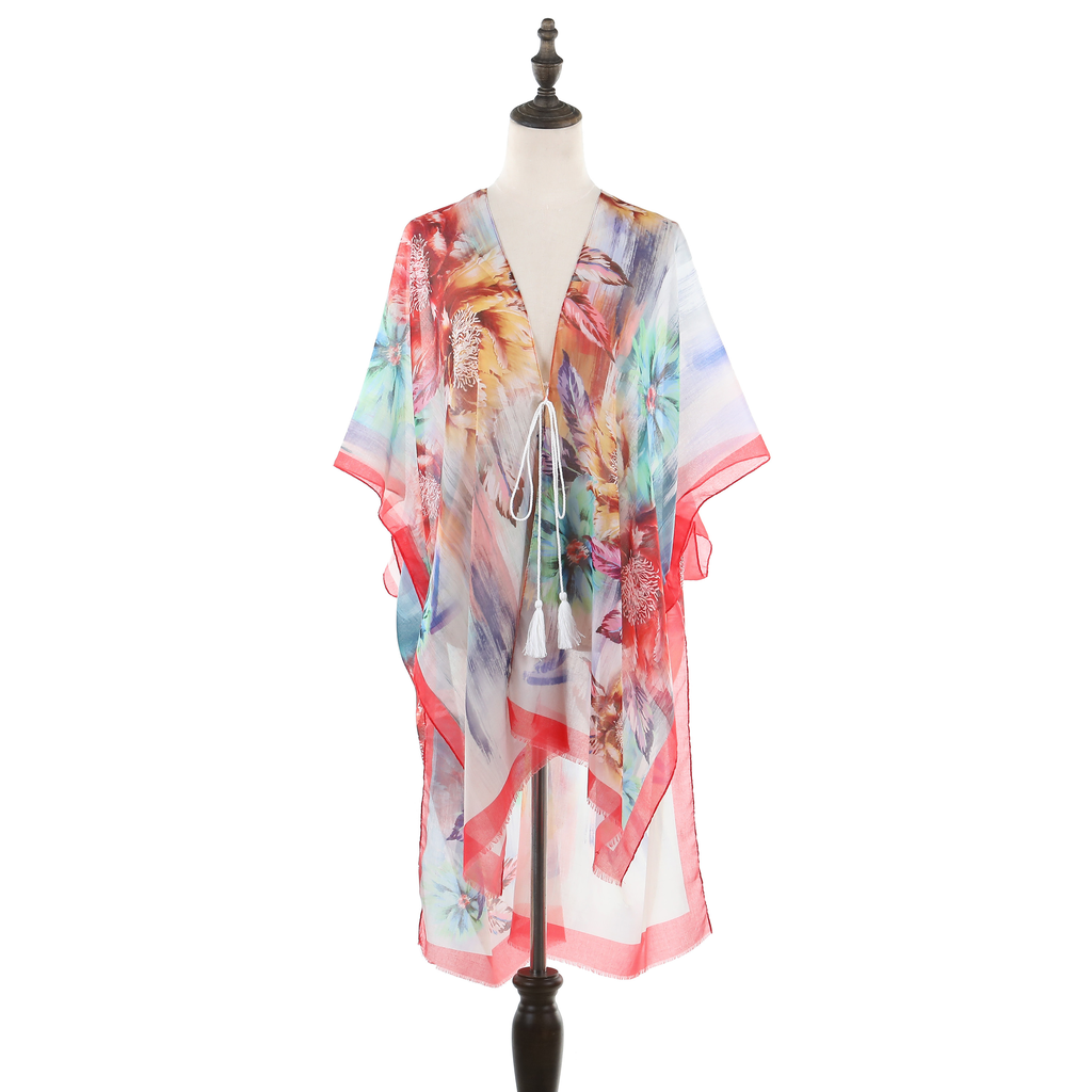 Large Bright Floral Print Kimono - Red JYF13020RED