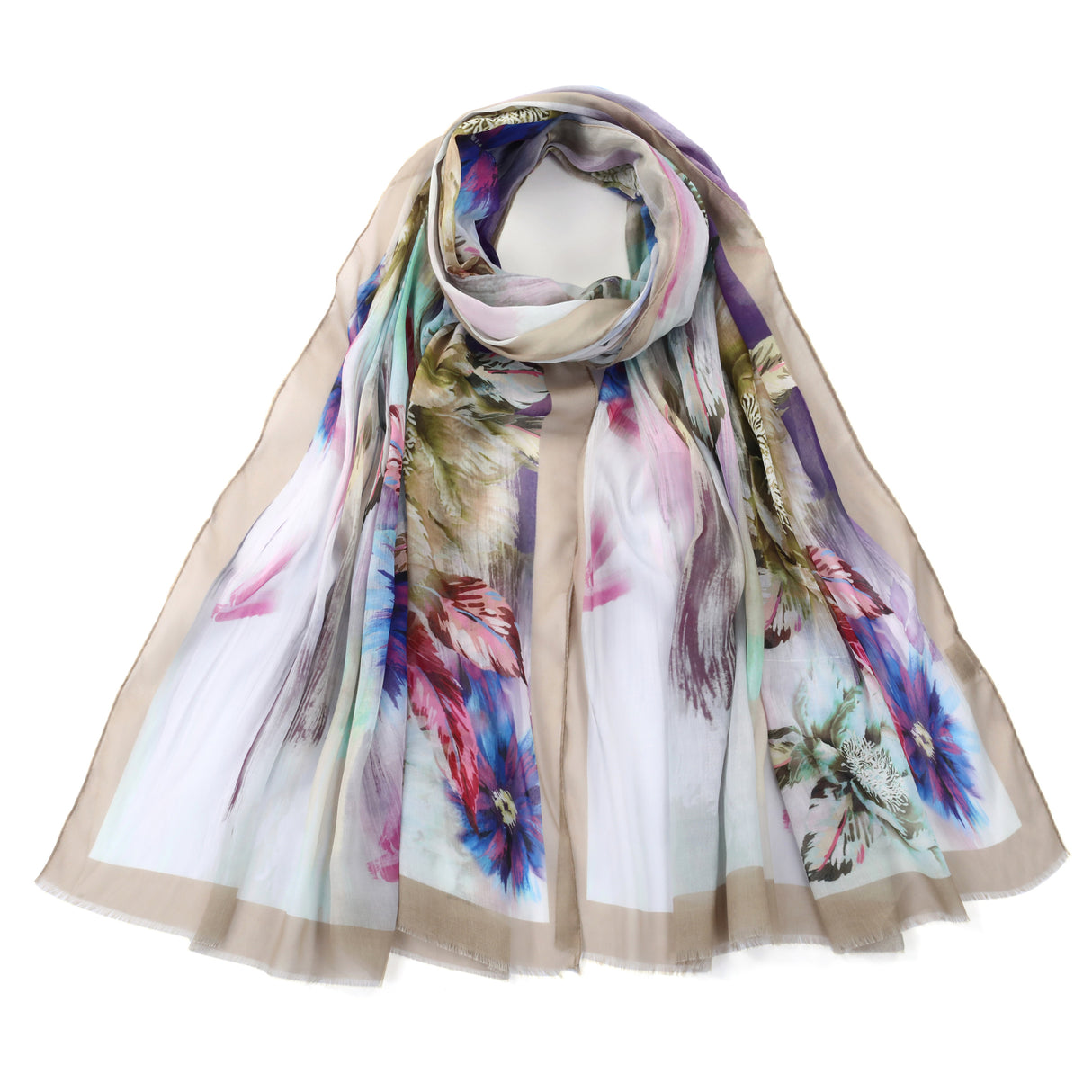 Beige Floral Print Silk Blend Scarf JYF135021BGE