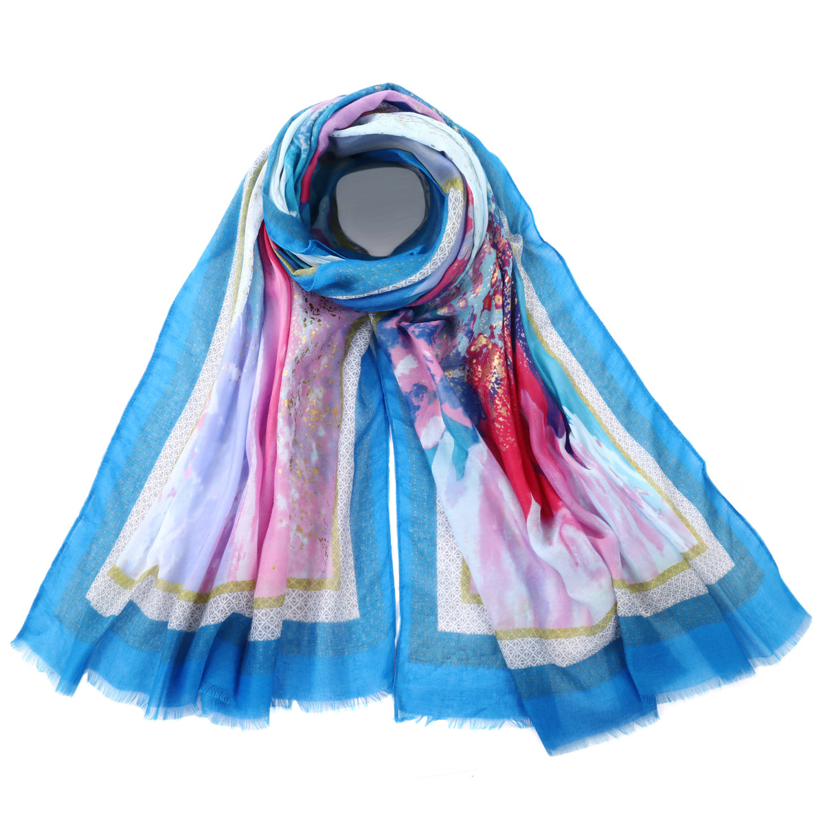 Blue Patterned Border Scarf  JYF13505BLU