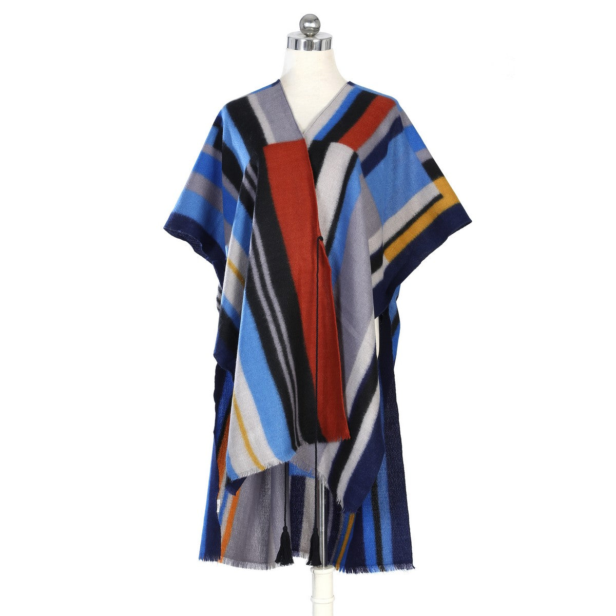 Blue Multicolour Stripes Mix Wool Kimono YF22009BLU