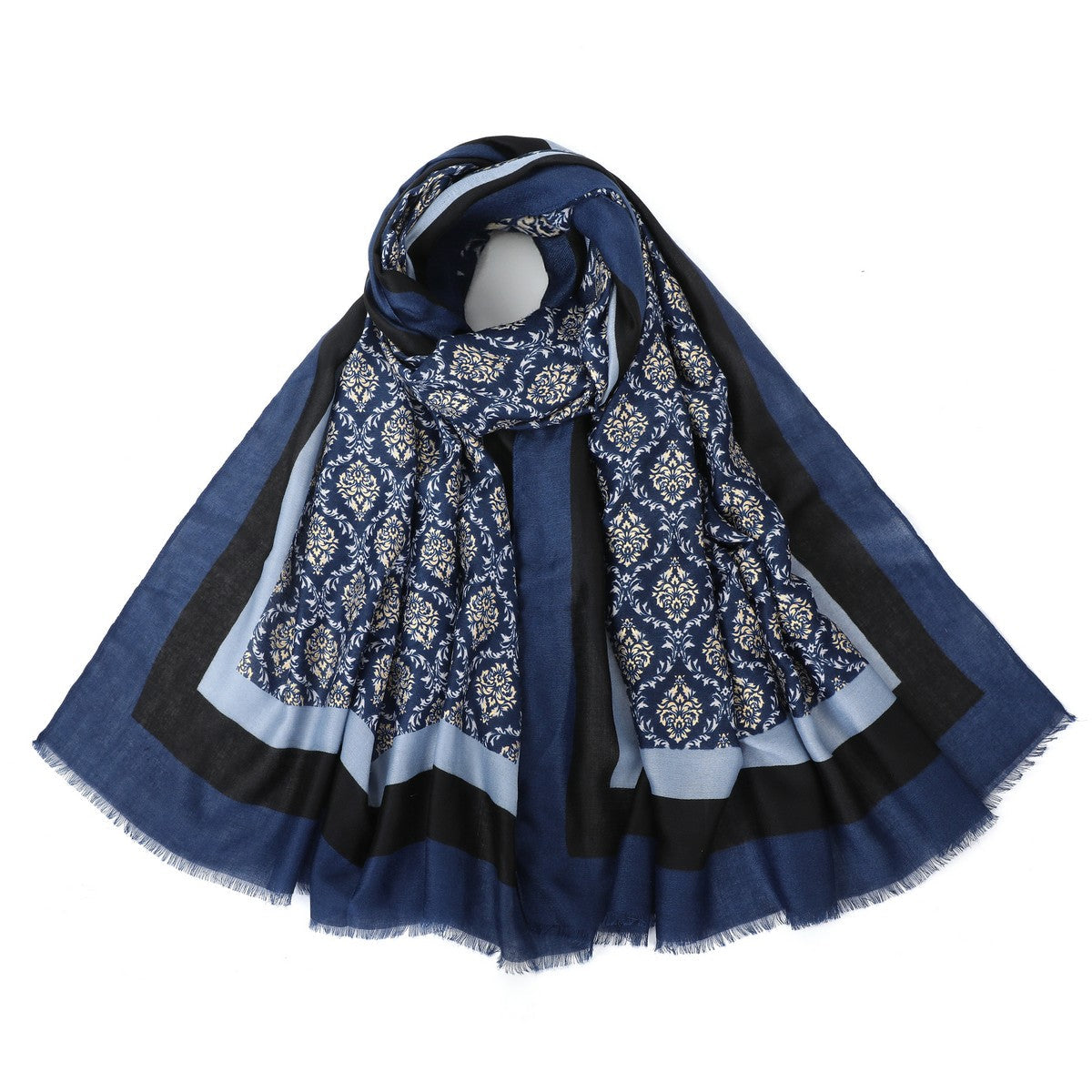 Blue Damask Pattern Mixed Cotton Scarf YF22515BLU