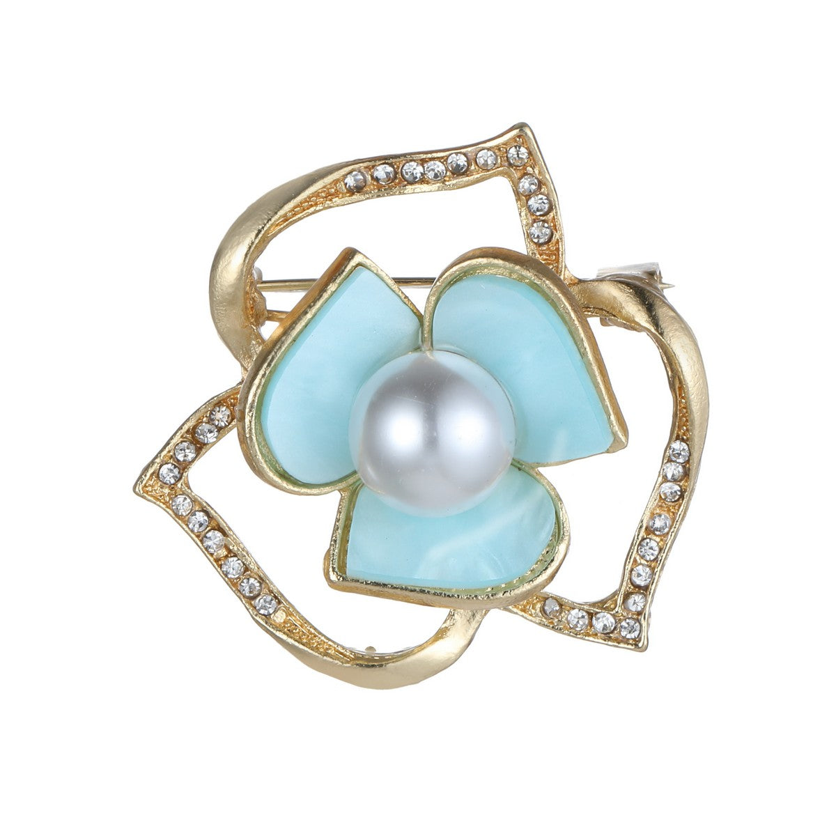 Blue and Gold Flower Brooch with Pearl and Diamantes YL22028BLU