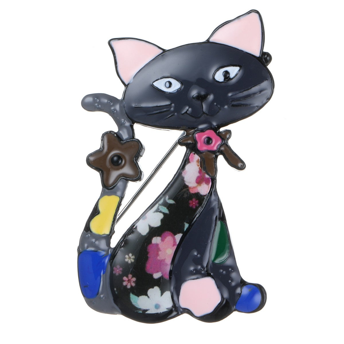 Black Cat with Flower Brooch YL22053BLK